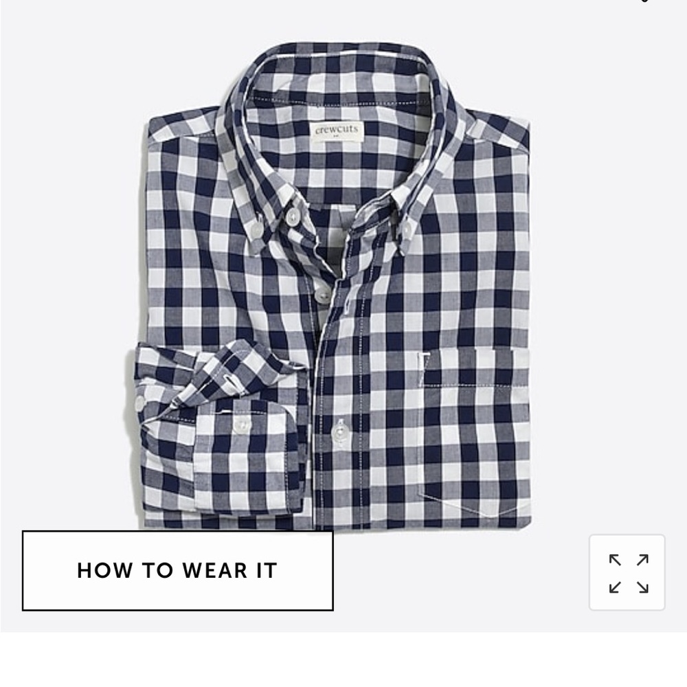 Crewcuts boys long sleeved button down shirt navy gingham plaid EUC size 4-5